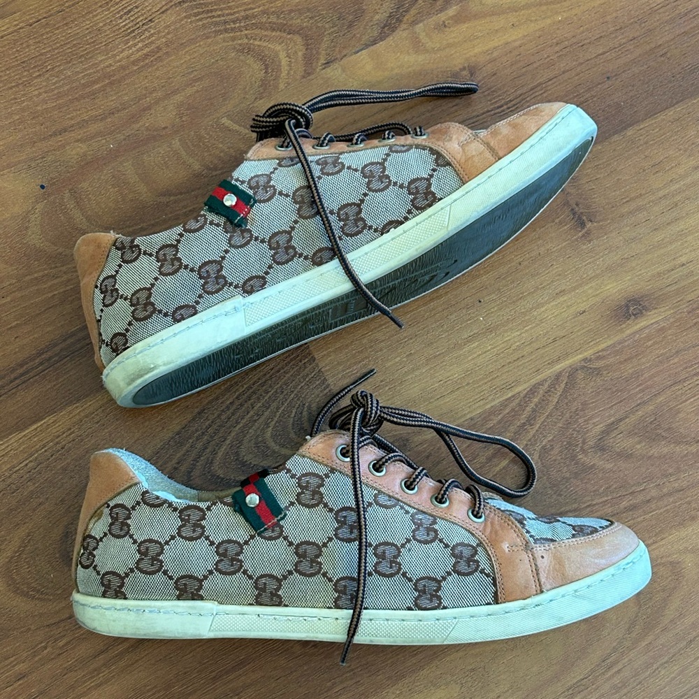 Gucci Tan and Brown Logo Sneakers from Bangin’ Apparel